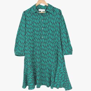 Emma & Michele Green Black Geometric Print Shirt Dress Pockets Large D3283047